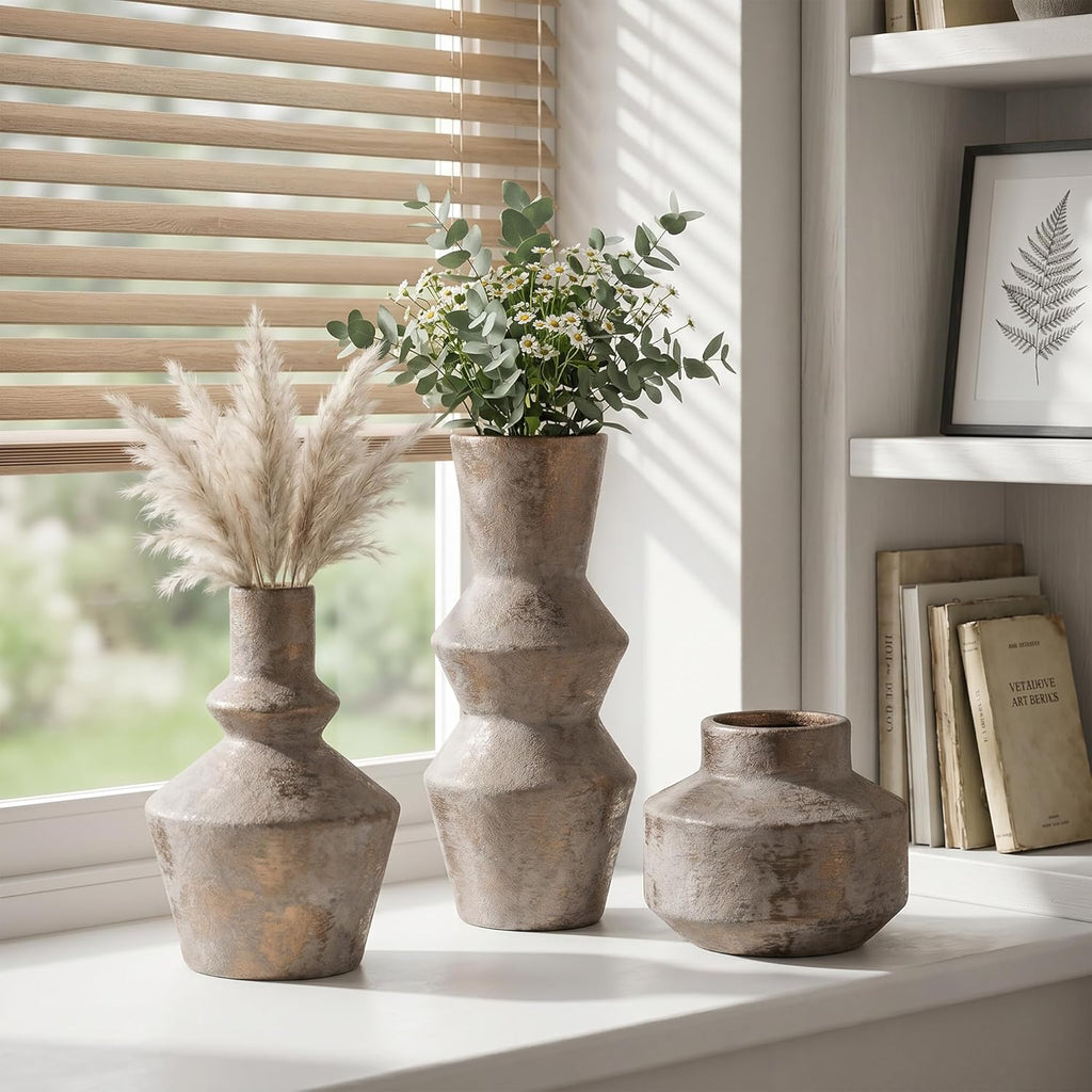 DREAMLOOM Ceramic Vase Set of 3, Modern Rustic Flower Vases for Pampas Grass, Dried & Fresh Flowers, Farmhouse Home Decor Vase for Living Room Bedroom Kitchen Shelf Centerpiece, Classic