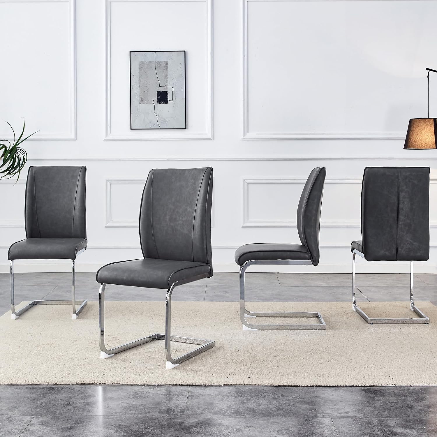 Modern Dining Chairs Set of 4, Faux Leather High Back Side Chairs Stylish Armless Chair with C-Shaped Tube Chrome Metal Legs for Dining Room Kitchen Office (Grey02-Silver Leg, Set of 4)