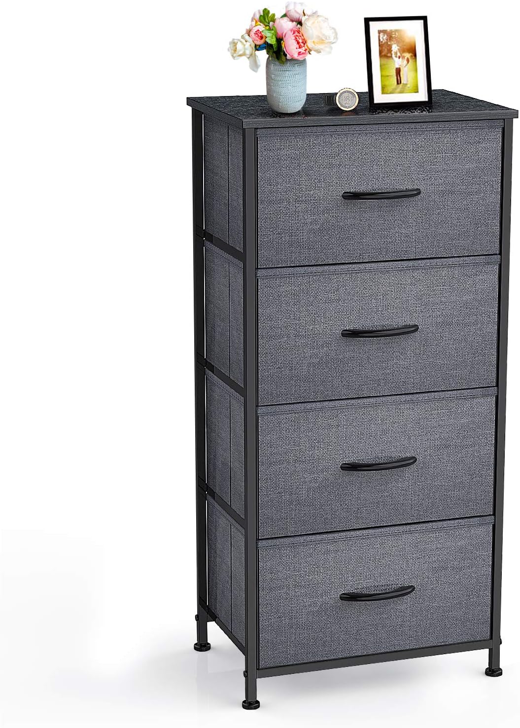 Yesker Storage Tower Units, Nightstand Dresser Organizer with 4 Drawers, Fabric Vertical, Steel Frame Wide Wood Top Small Dresser for Bedroom Hallway Entryway Closets, Easy Pull Handle, Black Grey