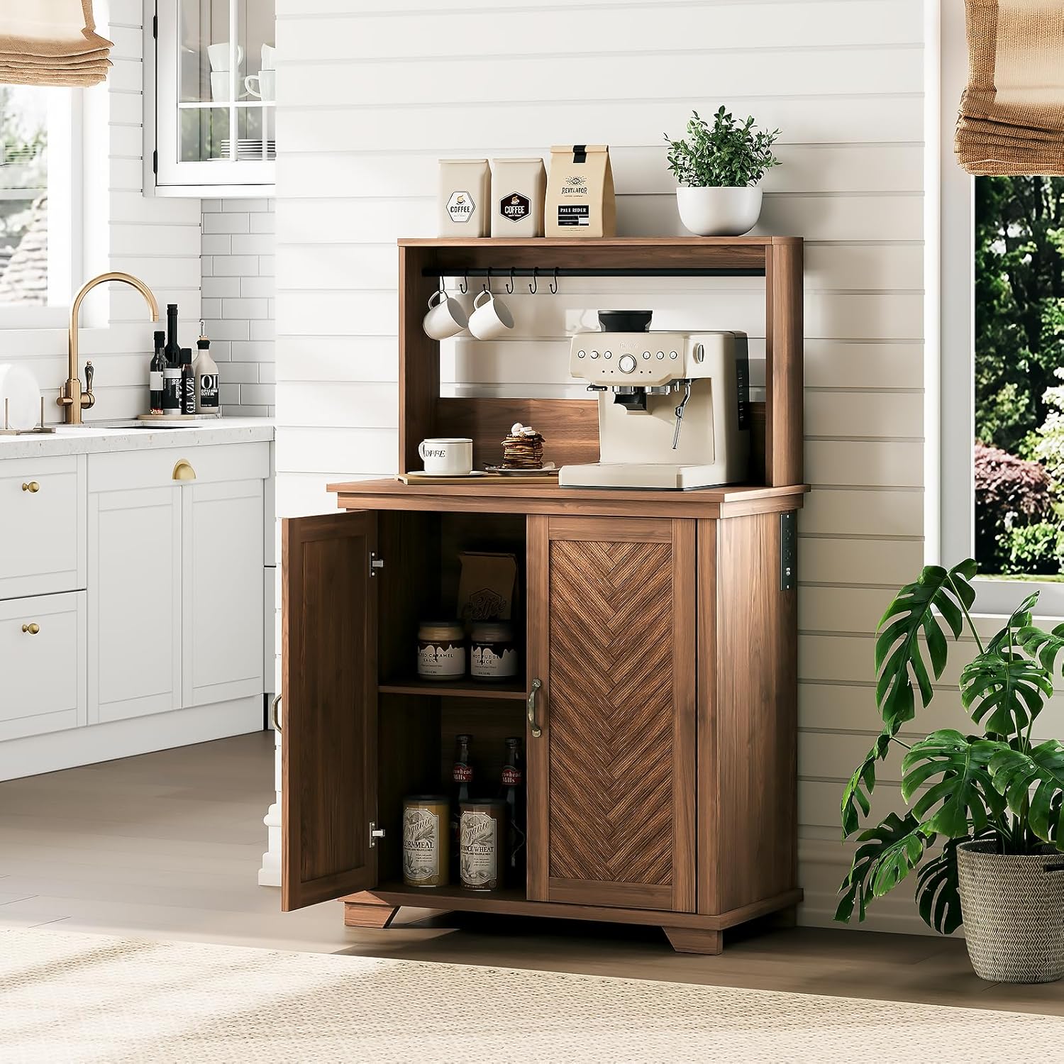 JOINICE Farmhouse Coffee Bar Cabinet with Storage,31.5" Kitchen Cabinet with Hooks and Charging Station,Coffee Station with Adjustable Shelf and Hutch,Sideboard for Living Dining Room