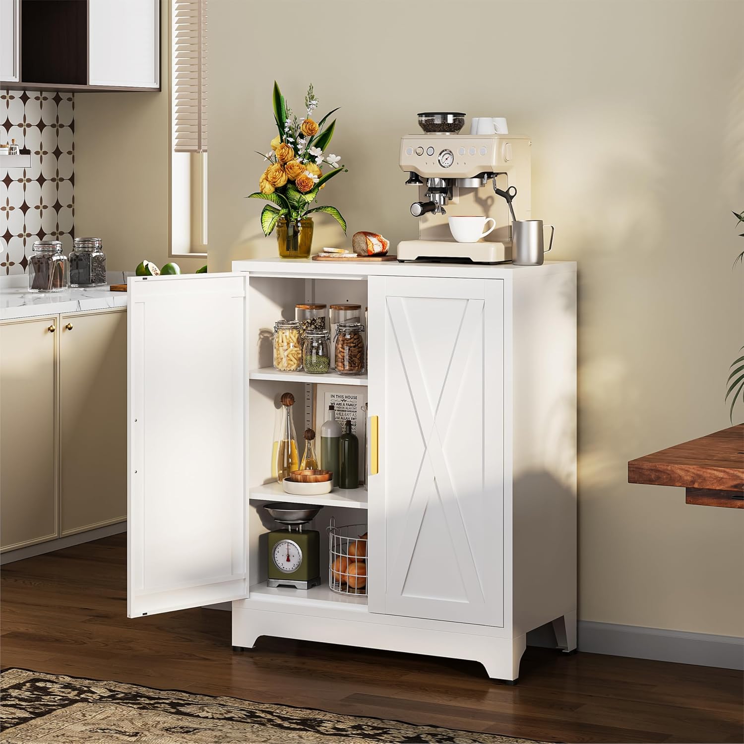 Kitchen Sideboard Buffet with Storage, 39” Metal Coffee Bar Cabinet & Buffet Sideboard with Barn Doors & Adjustable Shelves, Modern Farmhouse Coffee Bar Station for Kitchen, Entryway, White