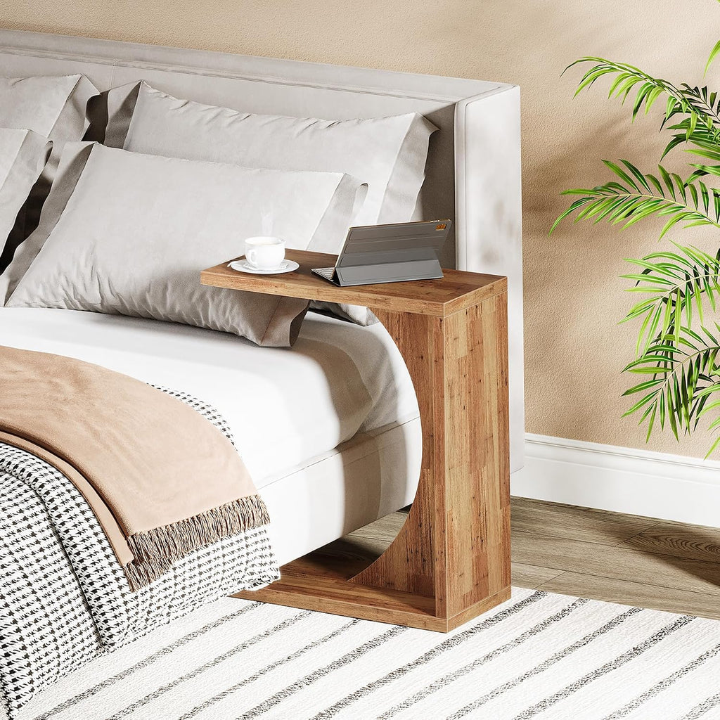 Tribesigns C-Shaped End Table for Couch, Small Bedside Table for Sofa, Wooden Nightstand for Living Room Bedroom Laptop Work Desk, Walnut Brown, 11.81" D x 23.62" W x 25.59" H