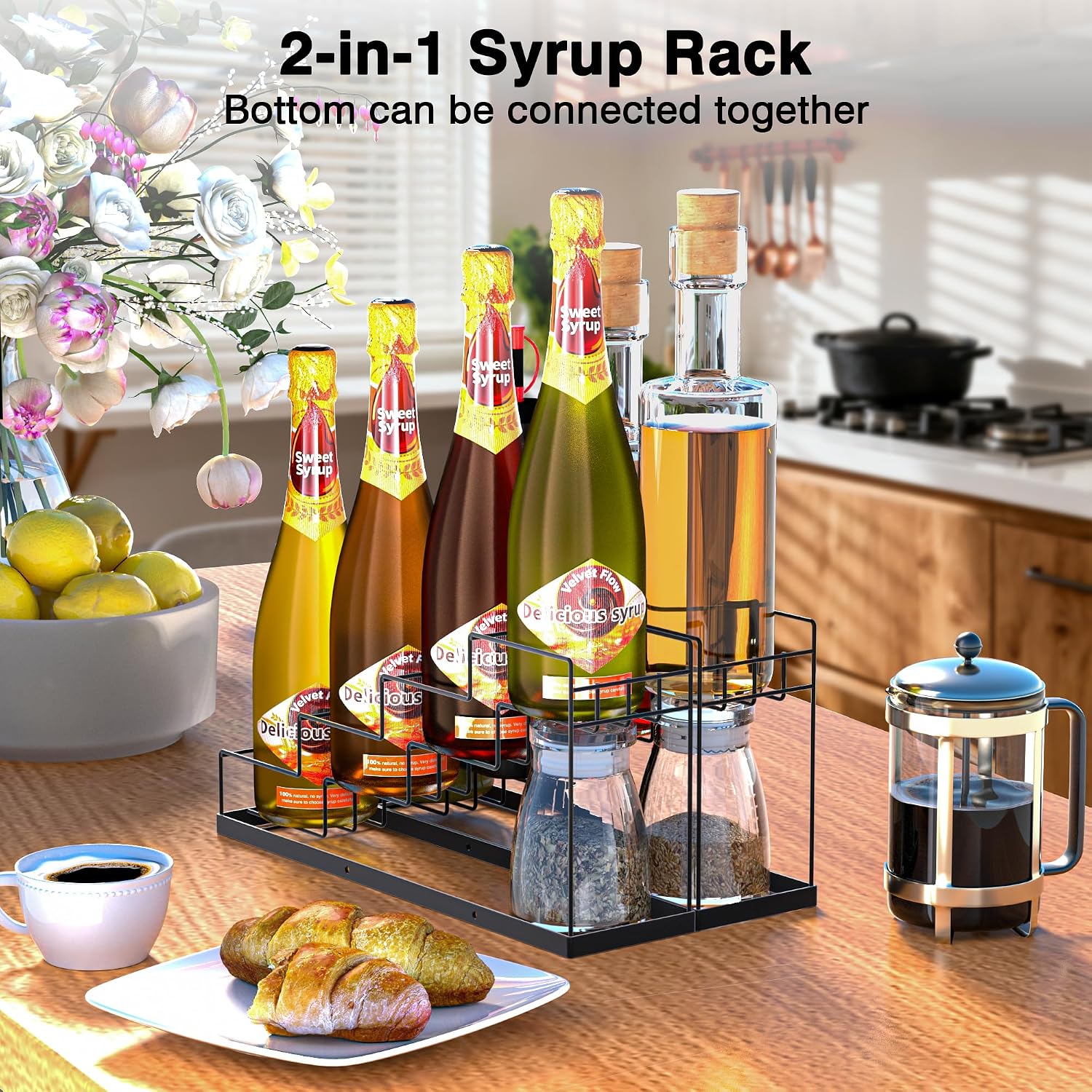 Invech Coffee Syrup Organizer Rack 2 Pack, Metal Syrup Holder for Coffee Bar Kitchen, 4-Tier Coffee Station Organizer for 8 Bottles Syrup Wine Dressing