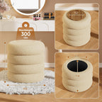 Soft Teddy Round Ottoman with Tray, 17.5 Inches Ottoman Coffee Table with Storage for Living Room, Vanity Stool with Storage Bedroom, Load up to 300 lb, No Assembly Required (Beige)