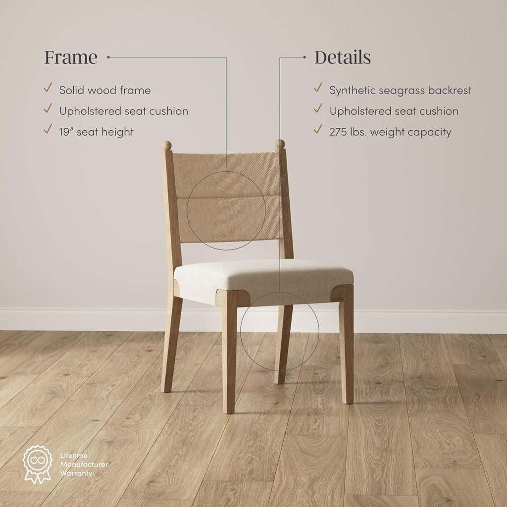 Nathan James Cove Boho Solid Wood Dining Chair with Woven Seagrass Back and Upholstered Seat, Flax/Light Brown