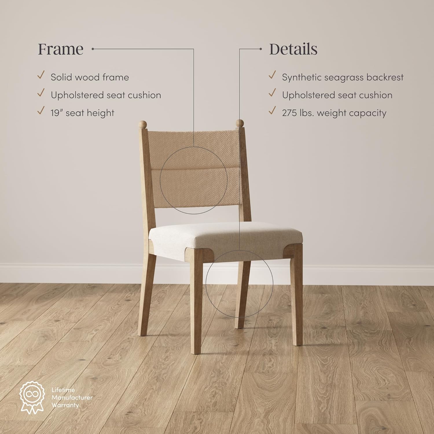 Nathan James Cove Boho Solid Wood Dining Chair with Woven Seagrass Back and Upholstered Seat, Flax/Light Brown Set of 6