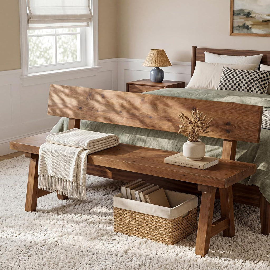 LITTLE TREE Solid Wood Bench with Back, 47-Inch Long Farmhouse Wooden Indoor Window Bench Seat for Entryway, Mudroom, Living Room, Easy Assembly, Rustic Brown