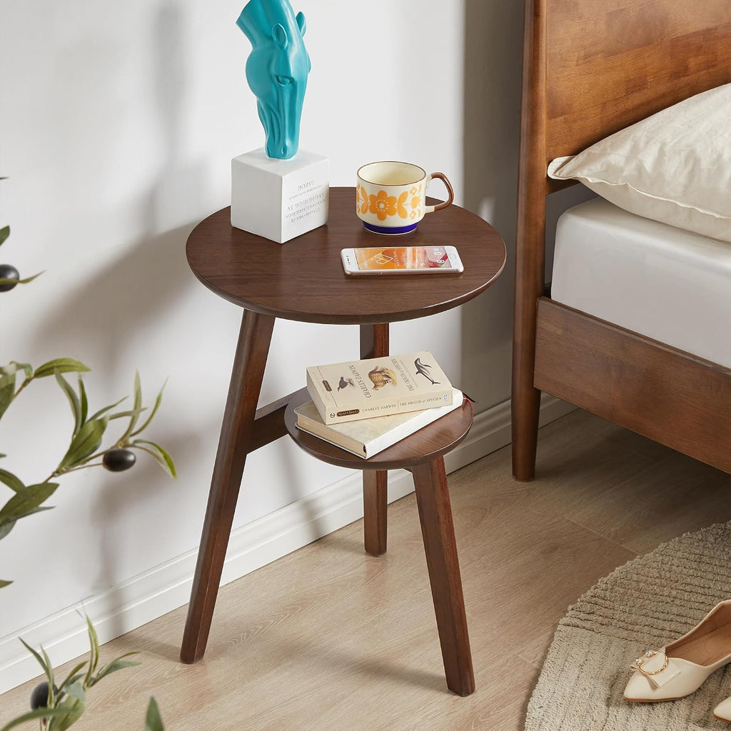 Side Table, Solid Wood 2-Tier Round End Table with Lower Storage Shelf, Small Nightstand for Living Room Bedroom, Modern Couch Coffee Tables