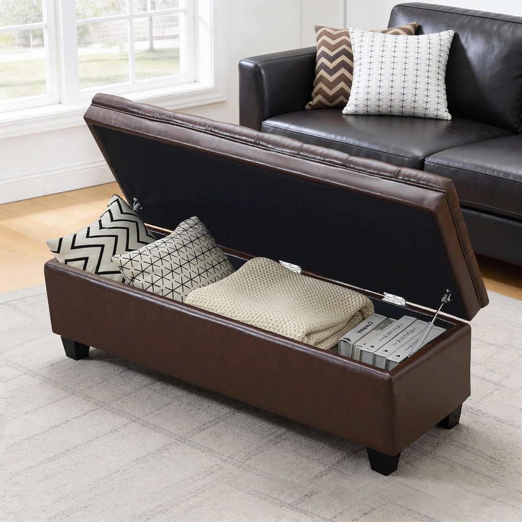 50" Faux Leather Storage Ottoman Bench, Rectangular End of Storage Bench, Upholstered Large Tufted Ottoman with Storage for Living Room, Bedroom, Entryway,Dark Brown