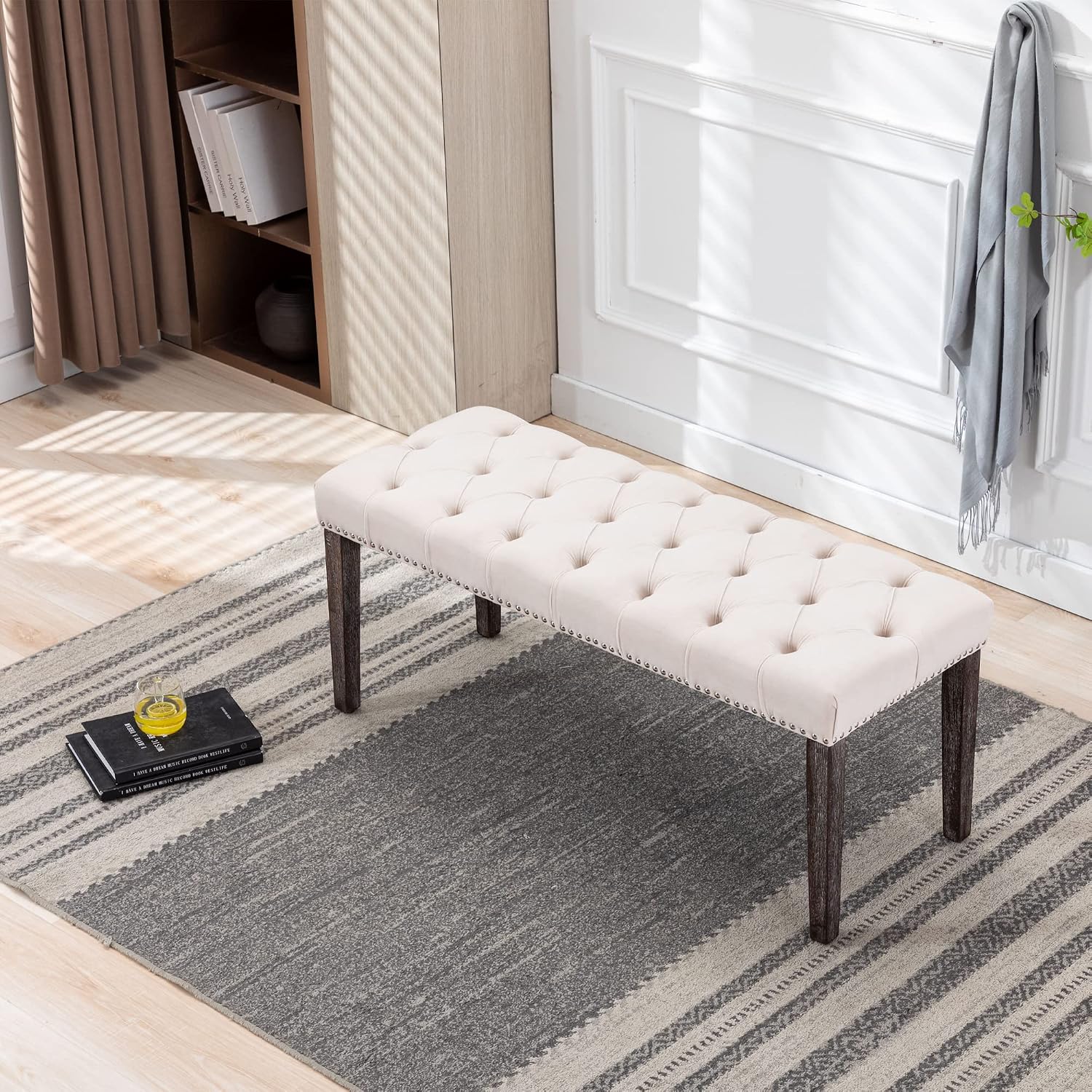 Heng Ming Upholstered Tufted Bench Ottoman, Velvet Dining Bench Bedroom Bench Footrest Stool Accent Bench for Entryway Dining Room Living Room, Beige