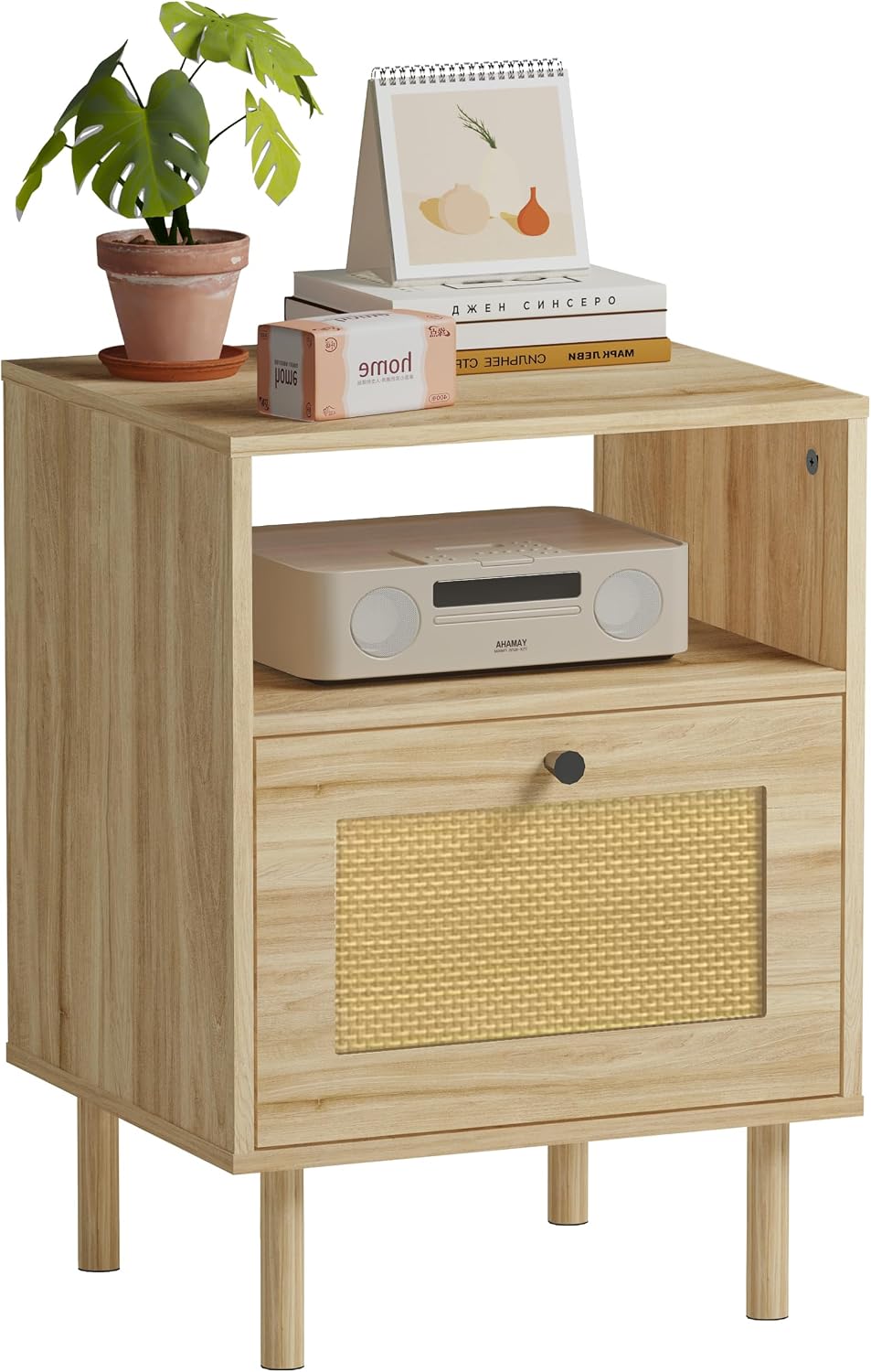 Rattan Night Stand with Drawers, Rattan Natural Oak Night Stand, Boho Nightstand, End Table with Drawer and Storage, Farmhouse Night Stands, Wooden Nightstand for Bedroom, Living Room,Office