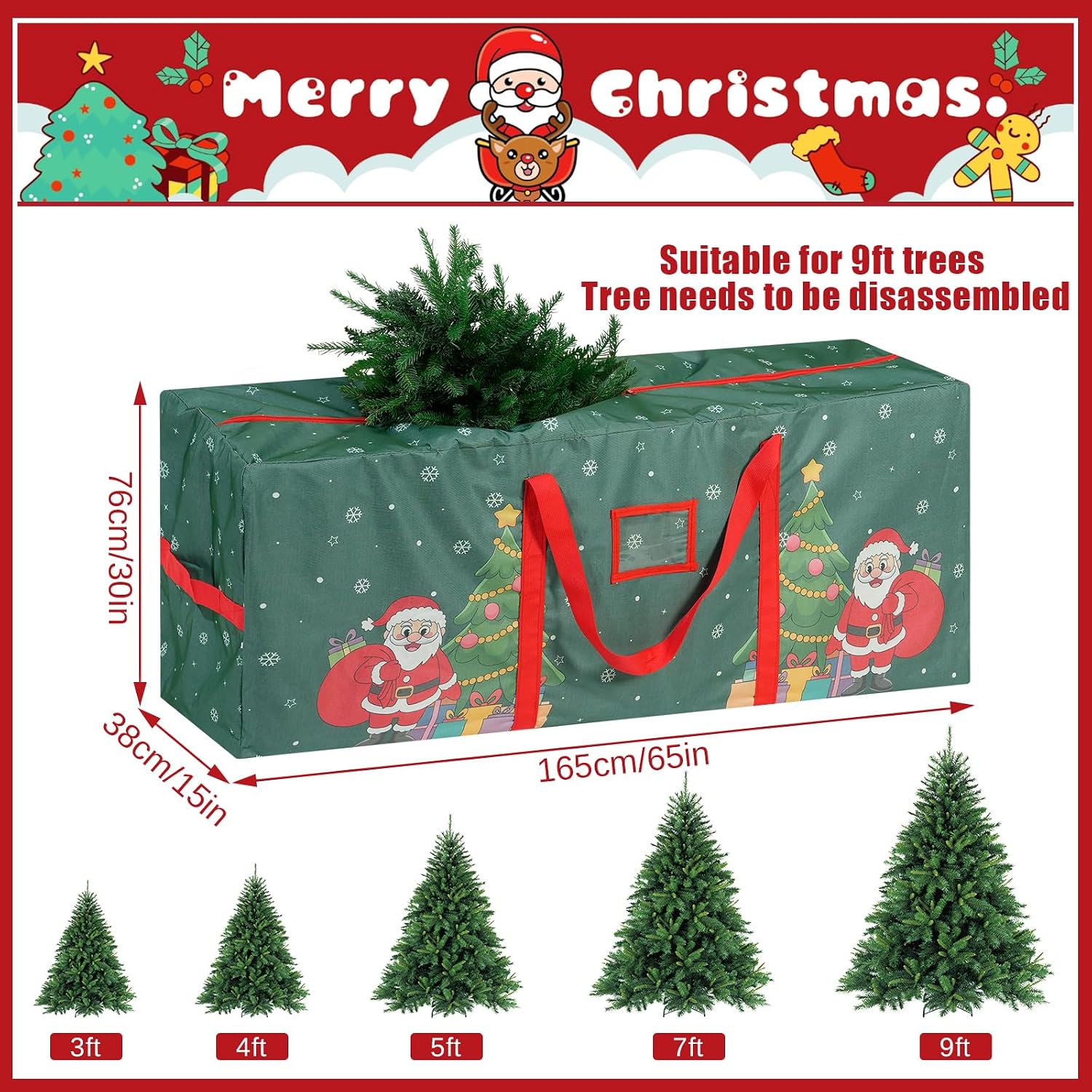 9 Ft Christmas Tree Storage Bag, Waterproof Heavy Duty Oxford, Extra Large Xmas Tree Storage Bag with Handles and Sleek Zipper for Christmas Ornaments Wreath, Green