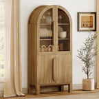 WAMPAT 71" Tall Arched Kitchen Pantry Cabinet with Glass Door, Modern Farmhouse Arched Bookcase with Adjustable Shelves, 5 Tiers Display Cabinet Bookcase for Kitchen, Living Room, Walnut (1 PC)