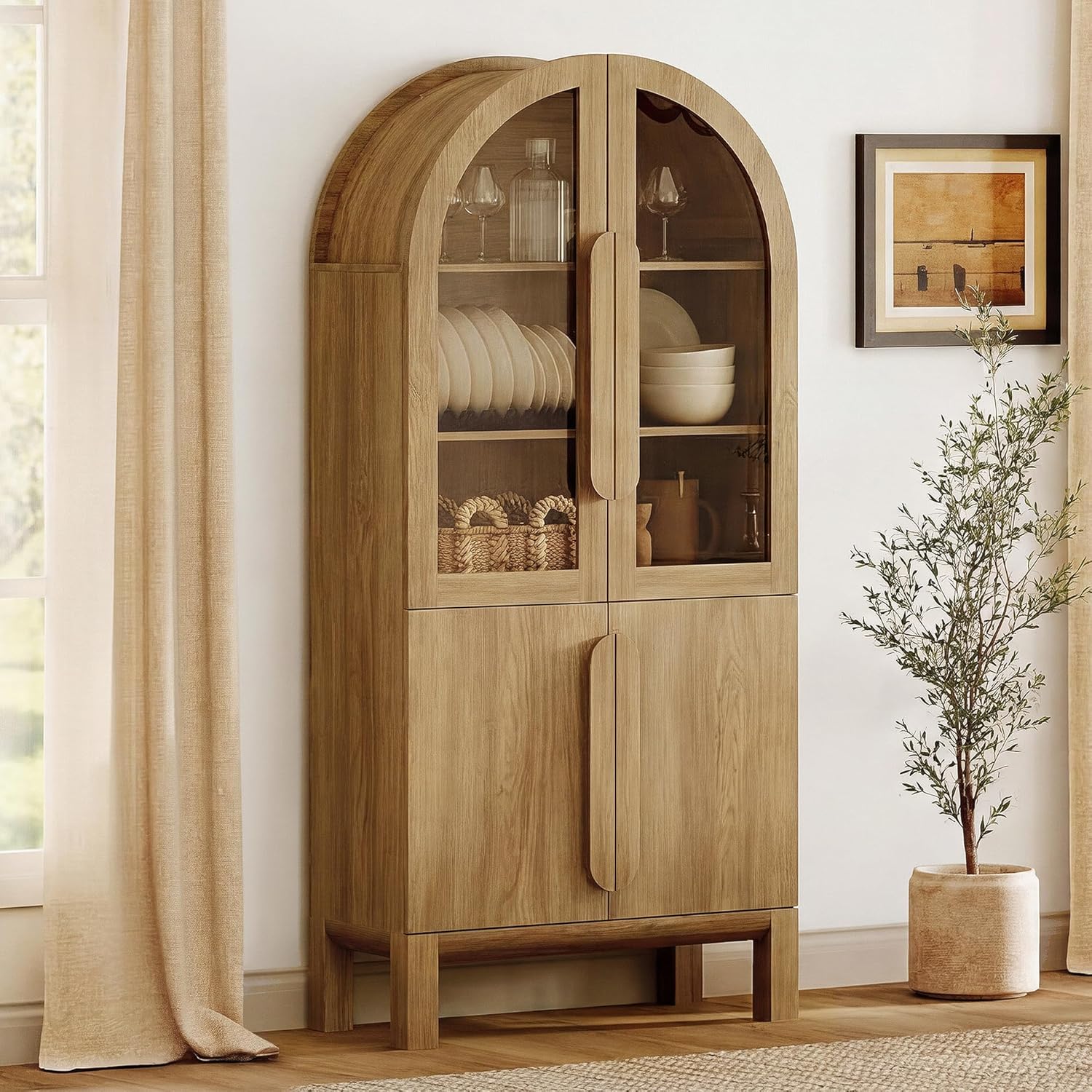 WAMPAT 71" Tall Arched Kitchen Pantry Cabinet with Glass Door, Modern Farmhouse Arched Bookcase with Adjustable Shelves, 5 Tiers Display Cabinet Bookcase for Kitchen, Living Room, Walnut (1 PC)