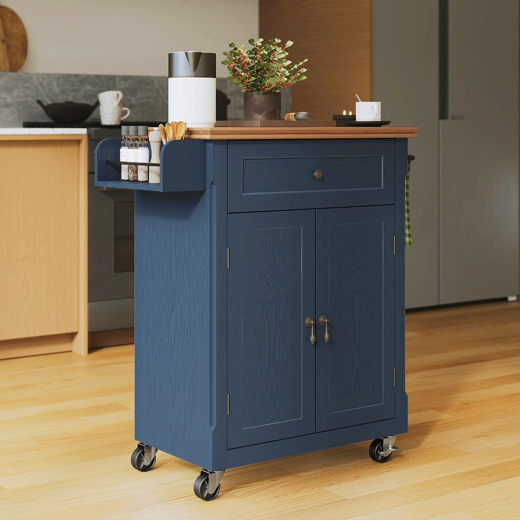 HLR 26'' Small Kitchen Island, Vintage Wood Rolling Kitchen Island Cart with Storage Cabinet and Drawer, Kitchen Cart on Wheels with Spice Rack & Towel Rack for Dining Room, Blue