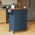 HLR 26'' Small Kitchen Island, Vintage Wood Rolling Kitchen Island Cart with Storage Cabinet and Drawer, Kitchen Cart on Wheels with Spice Rack & Towel Rack for Dining Room, Blue