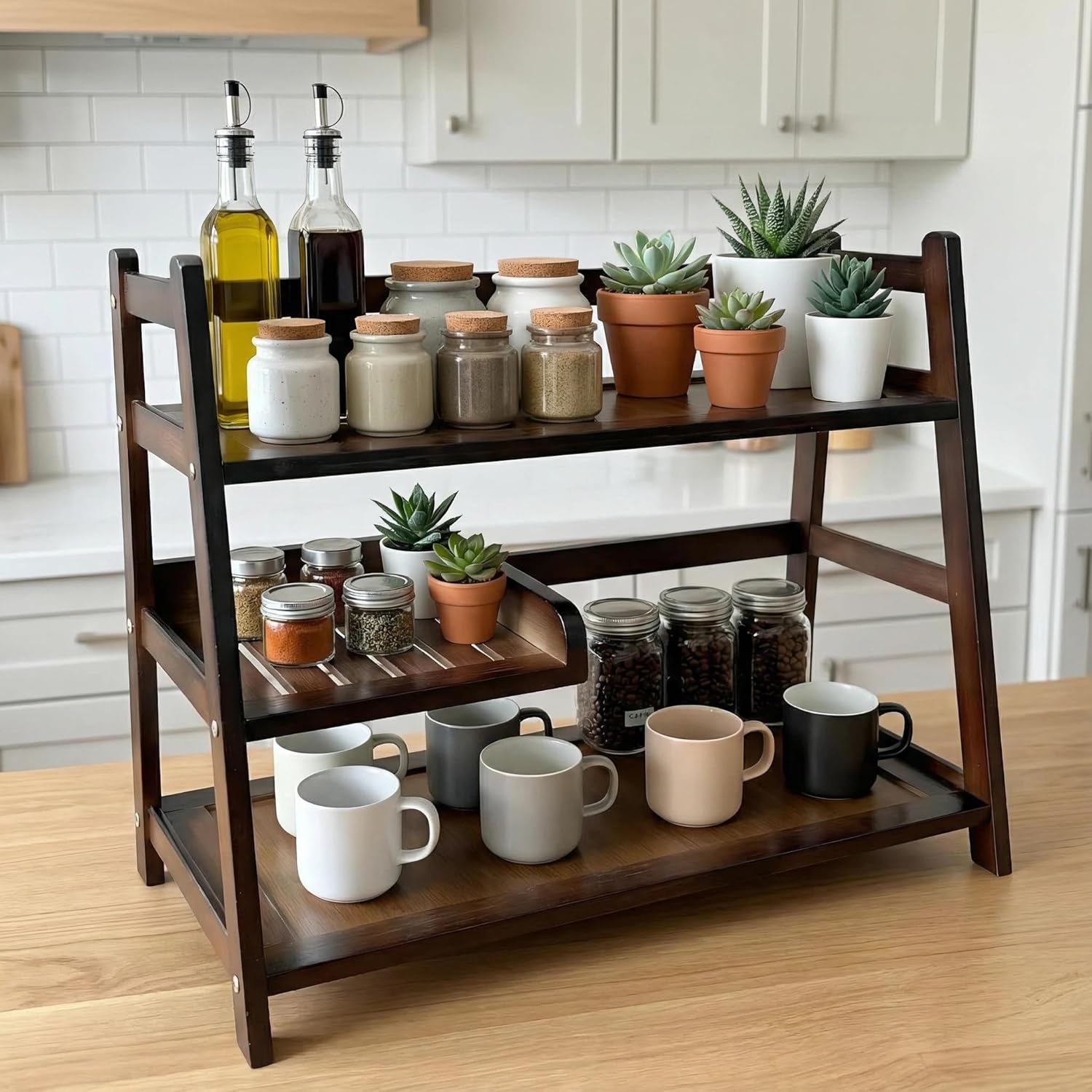 3 Tier Bamboo Matcha Station, coffee station organizer Shelf | for Kitchen Countertop, Tea Bar - Matcha Powder, Tools & Cup Organizer for Matcha Lovers, Home Baristas.
