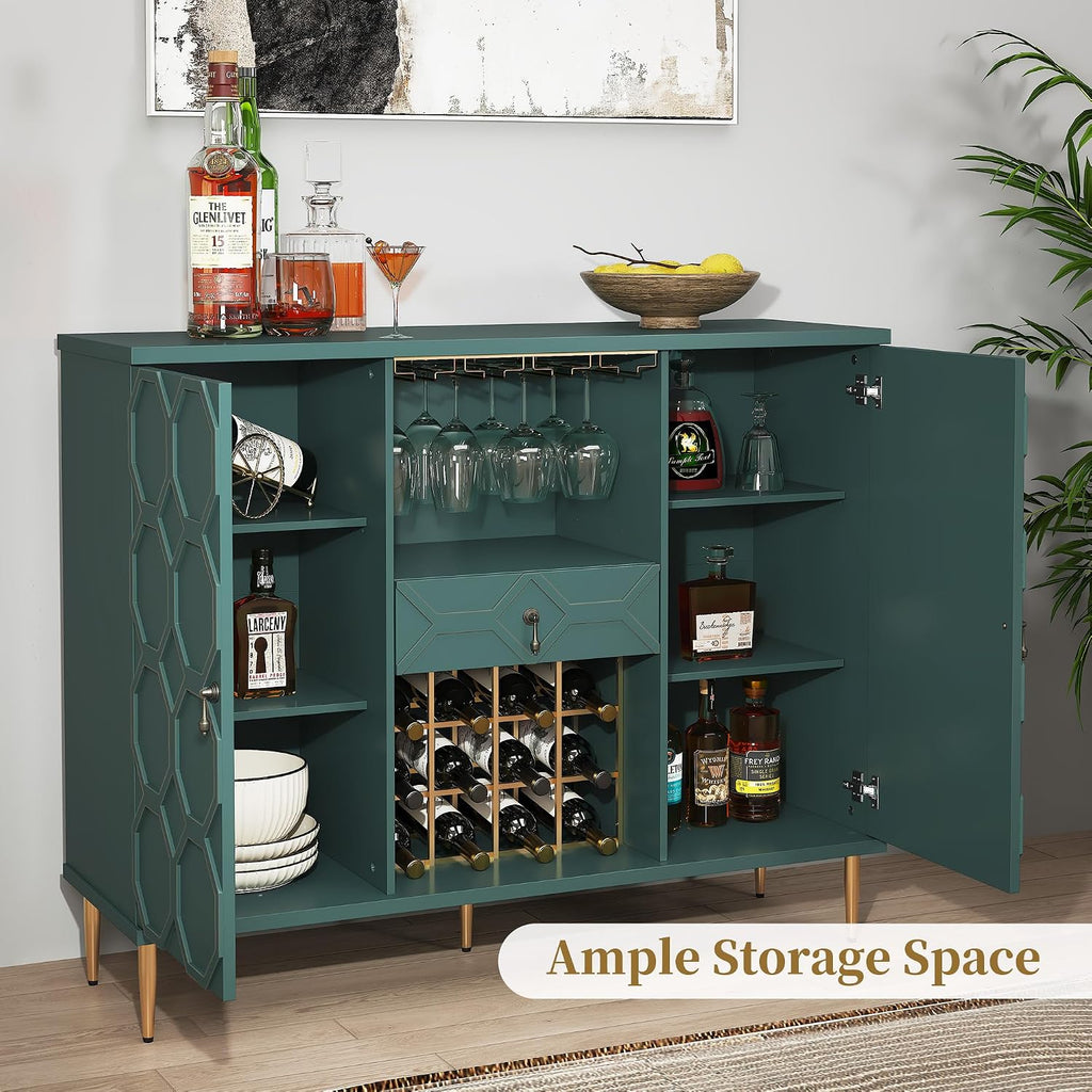 Modern Bar Cabinet with Drawer, Liquor Cabinet with Wine Glass Racks and Shelves, Geometric Door Buffet Sideboard for Dining Room, Living Room, Kitchen, Green