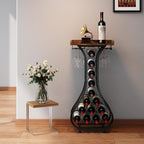 X-cosrack Wine Rack Freestanding Floor, Mini Bar Table Wine Holder Stand Liquor Cabinet with Glass Holder Wood Tabletop 14 Bottles Floor Wine Storage for Home Bar Kitchen Living Room