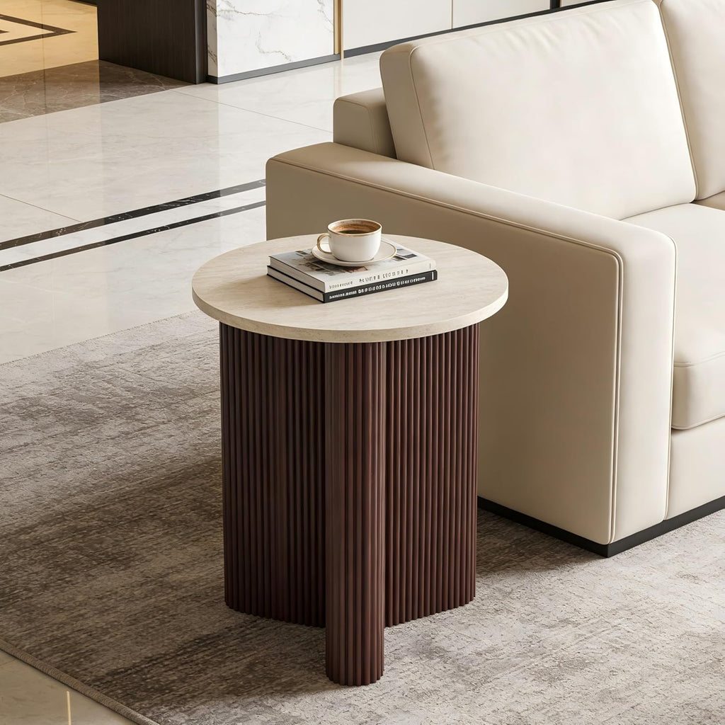 Merax Modern Round Side Table with Faux Marble Top & Brown Ribbed Base - Compact Round Coffee Table with Wooden Fluted Legs - 17.8" Accent End Table for Living Room & Bedroom, Brown