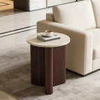 Merax Modern Round Side Table with Faux Marble Top & Brown Ribbed Base - Compact Round Coffee Table with Wooden Fluted Legs - 17.8" Accent End Table for Living Room & Bedroom, Brown