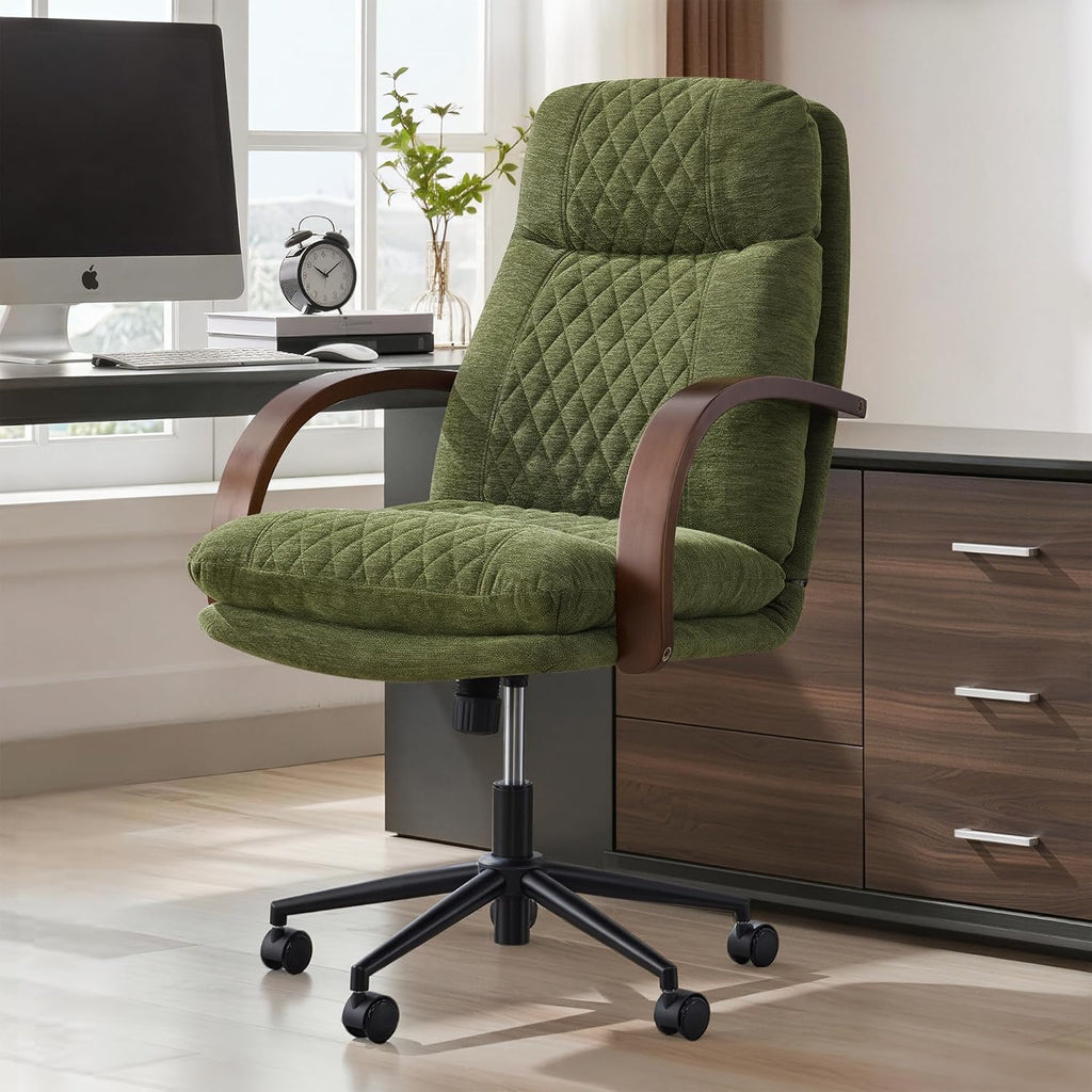 KISLOT Home Office Desk Chair, Ergonomic Office Chair with Lumbar Support, Adjustable Swivel Computer Chair with Wheels, Fabric Executive Task Chair with Wood Arms, Moss Green