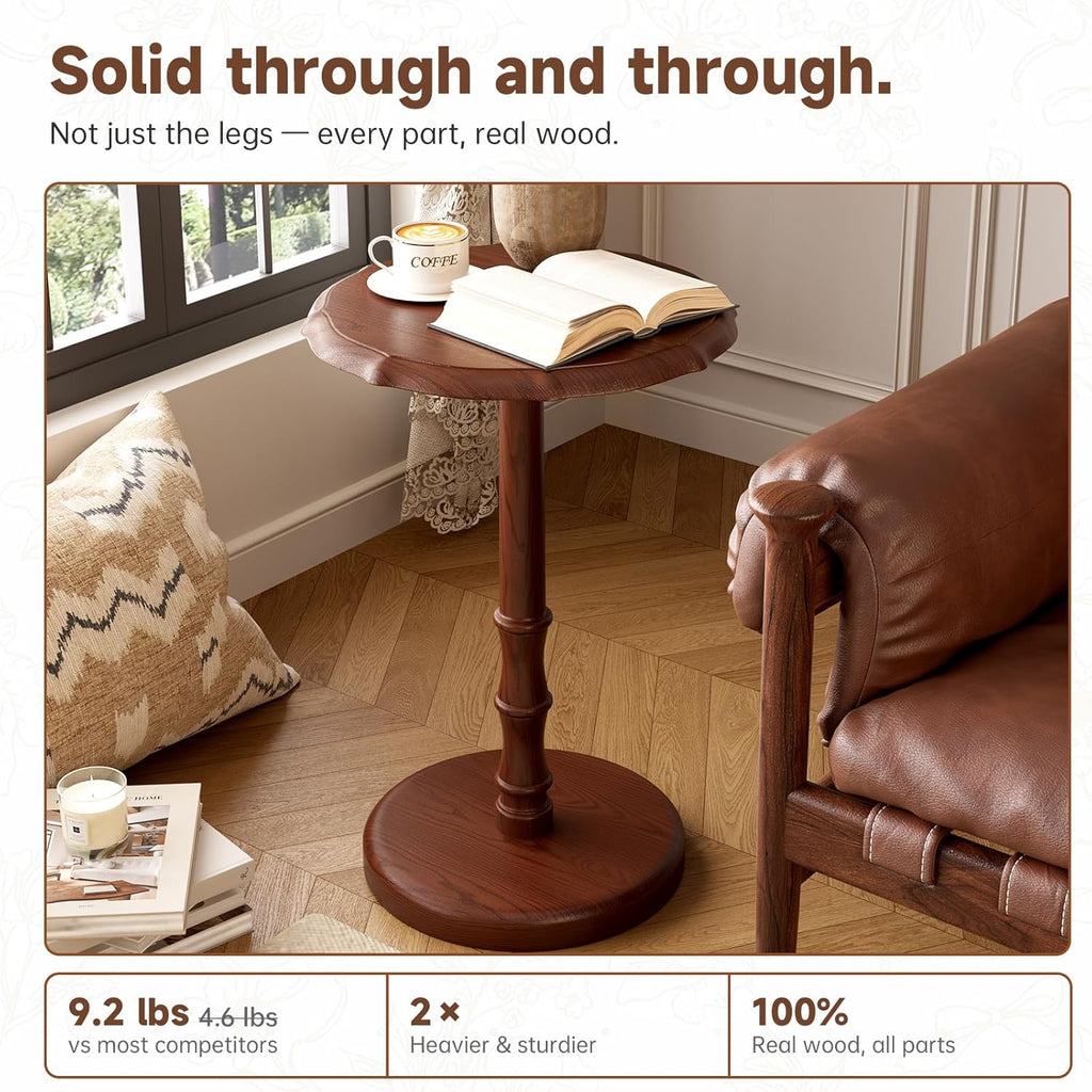 100% Solid Wood Round Pedestal Side Table, Vintage End Table for Living Room Bedroom, Heavy-Duty Antique Accent Table for Corner Spaces, Small Bedside Nightstand, 5-Min Assembly, Walnut
