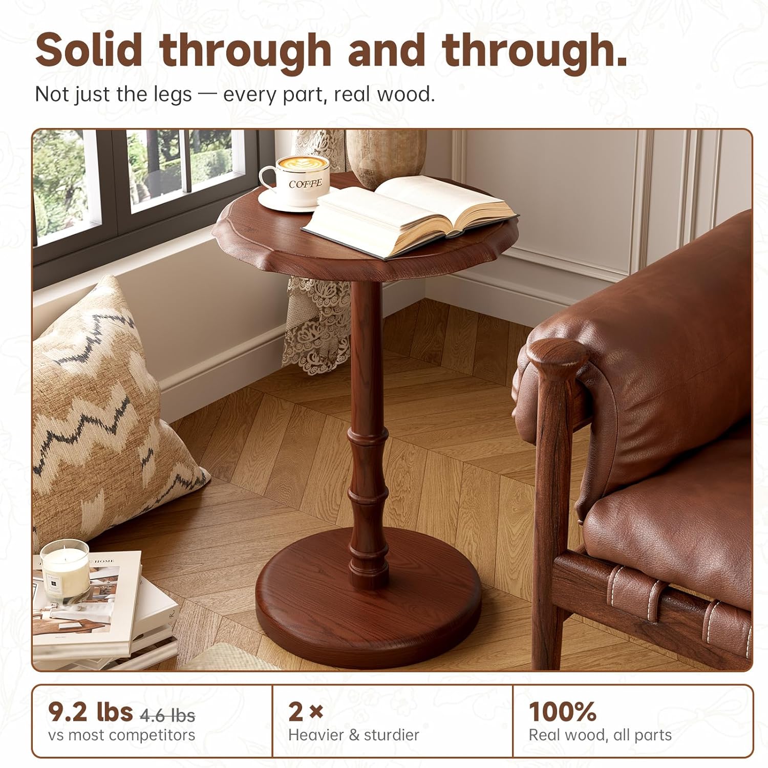 100% Solid Wood Round Pedestal Side Table, Vintage End Table for Living Room Bedroom, Heavy-Duty Antique Accent Table for Corner Spaces, Small Bedside Nightstand, 5-Min Assembly, Walnut