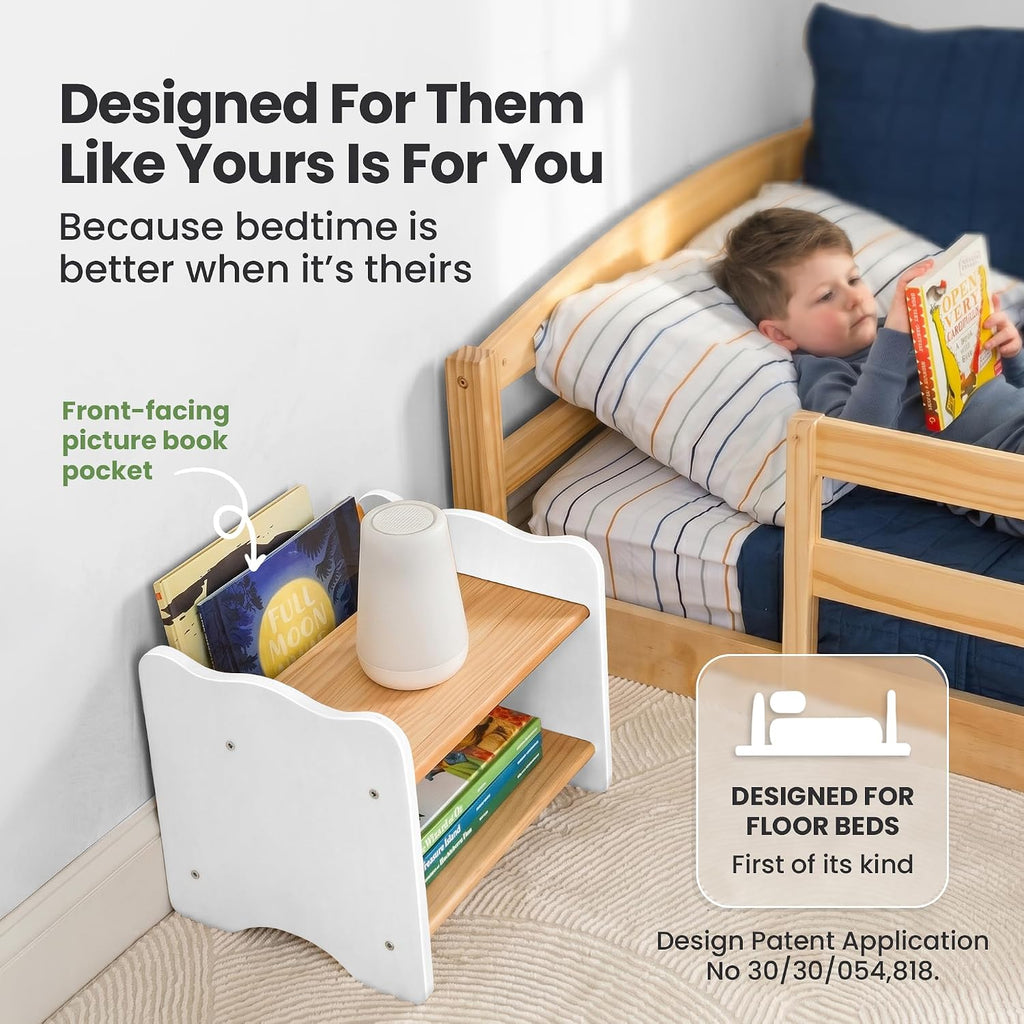 Ocodile The Original Kids Nightstand for Floor Beds, Solid Wood Small Bedside Table with Book Pocket, Low Tiny Nightstand for Nursery, Toddler & Kids Room, Montessori Style Side Table - White