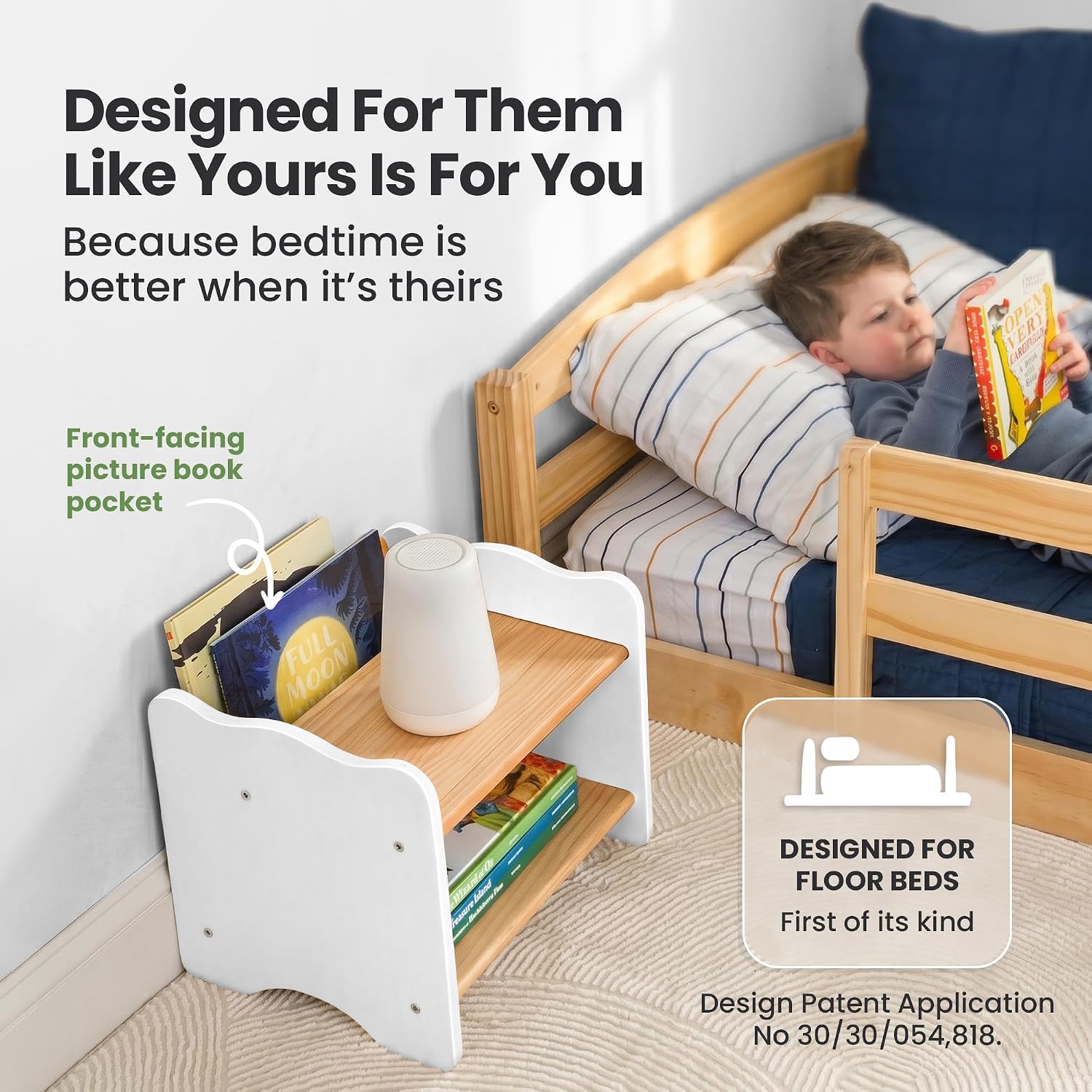 Ocodile The Original Kids Nightstand for Floor Beds, Solid Wood Small Bedside Table with Book Pocket, Low Tiny Nightstand for Nursery, Toddler & Kids Room, Montessori Style Side Table - White