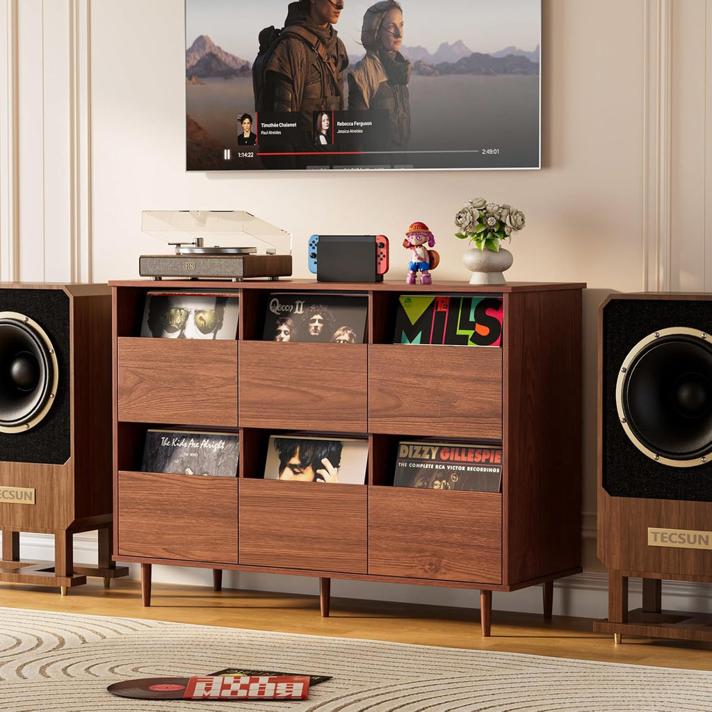 BROTTAR 47.2" Large Record Player Stand, 7“/10"/12" Vinyl Record Storage Cabinet, Mid Century Turntable Stand, Vinyl Record Holder, Media Cabinet with DVD Drawers for Living Room, Music Corner, Brown