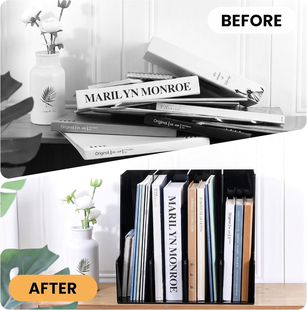 LALOBLUE 4 Pack Black Vertical Magazine File Holder Desk Organizer Bins | Plastic, Holds Magazines, Binders, Notebooks, Envelopes, 4 Pack Black Vertical Magazine File Holder Desk Organizer Bins