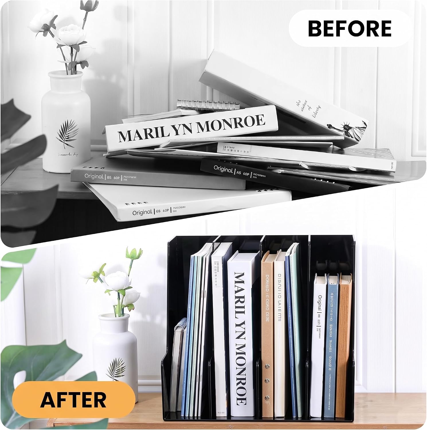 LALOBLUE 4 Pack Black Vertical Magazine File Holder Desk Organizer Bins | Plastic, Holds Magazines, Binders, Notebooks, Envelopes, 4 Pack Black Vertical Magazine File Holder Desk Organizer Bins