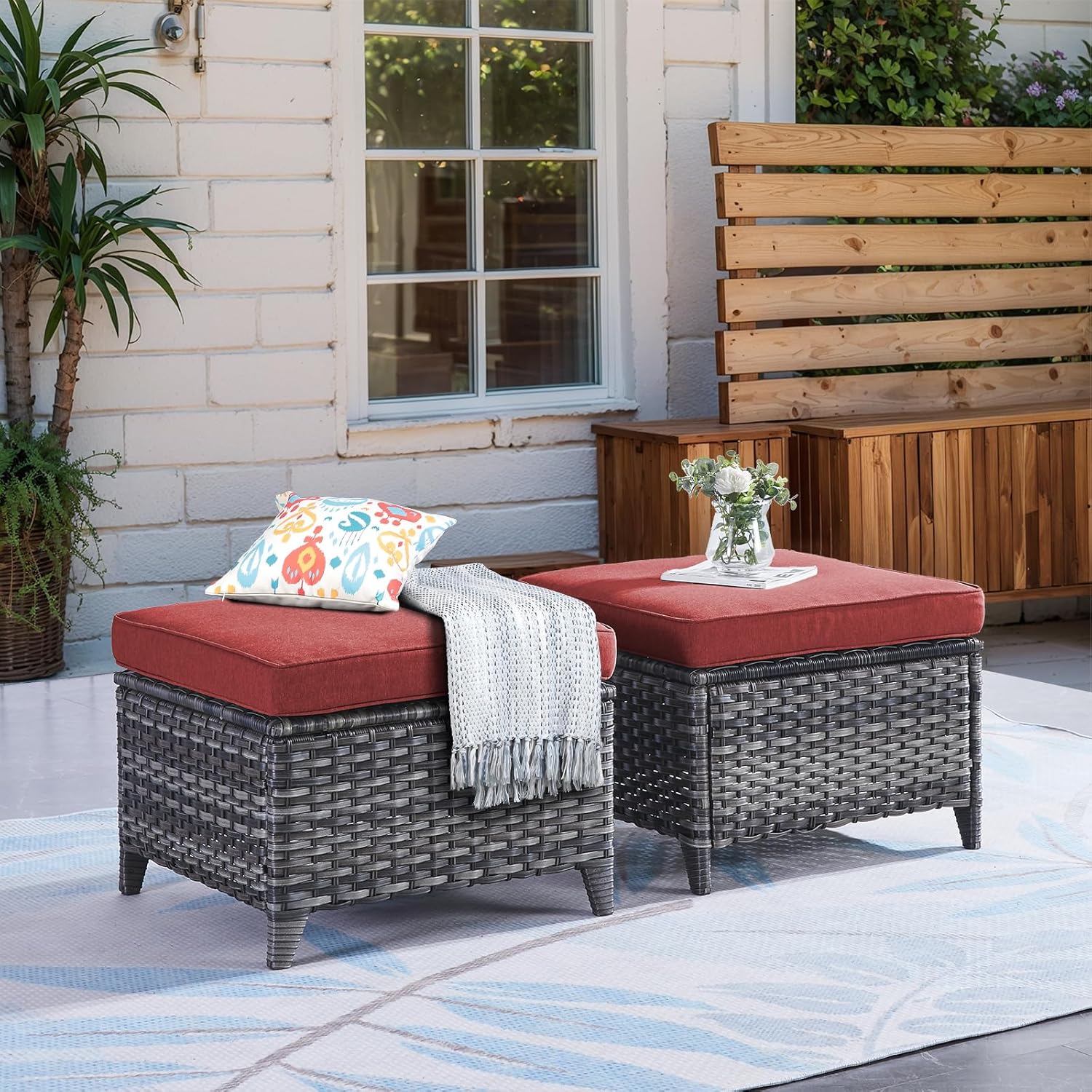 Outdoor Ottoman Set of 2 - PE Wicker Rattan Ottoman Patio Footstool for Deck Porch Balcony Garden - Grey/Red