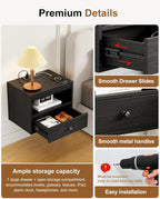 Floating Nightstand with Charging Station,Modern Bedside Table with Drawers and Extension Panel, Small Wall Mounted Nightstands for Bedroom Room，Floating Sofa Side Table（ Black ）