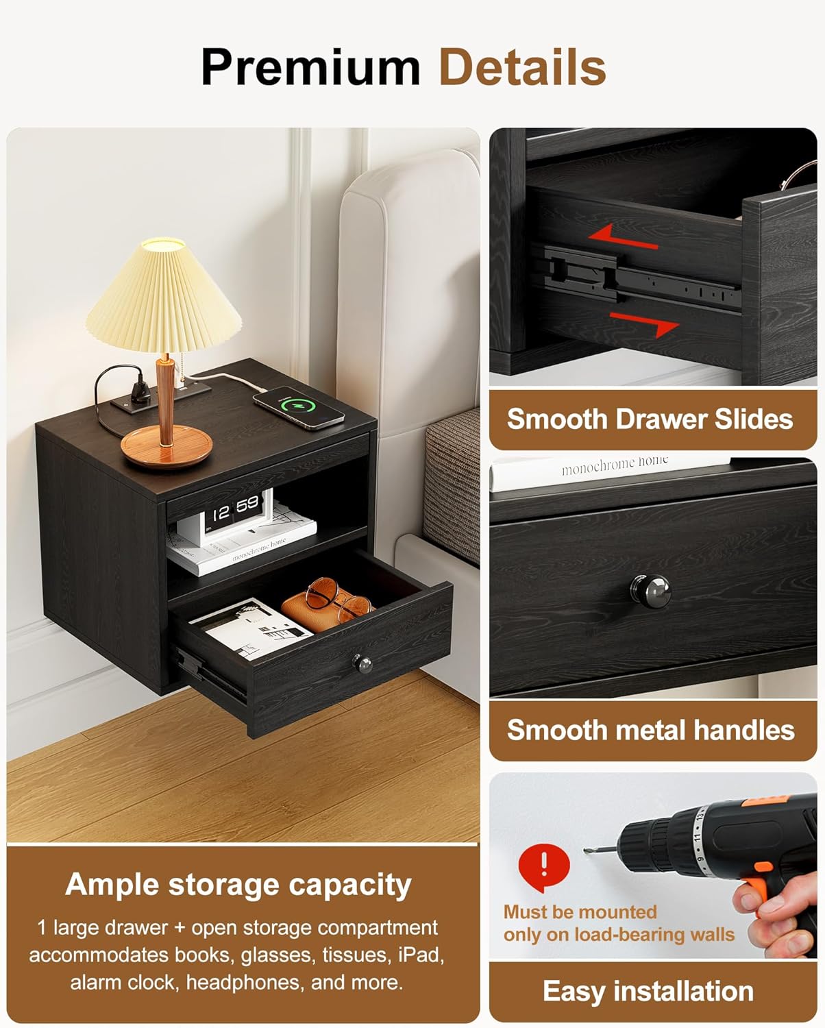 Floating Nightstand with Charging Station,Modern Bedside Table with Drawers and Extension Panel, Small Wall Mounted Nightstands for Bedroom Room，Floating Sofa Side Table（ Black ）