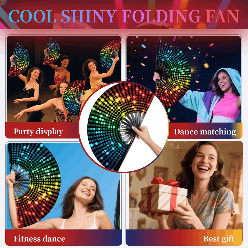 Large Glow Rave Fan, 13 Inch Folding Clack Hand Fan with DJ Lighting Effects - Portable Handheld Line Dancing Fan for Music Festivals, EDM Parties & Rave Outfit Accessories