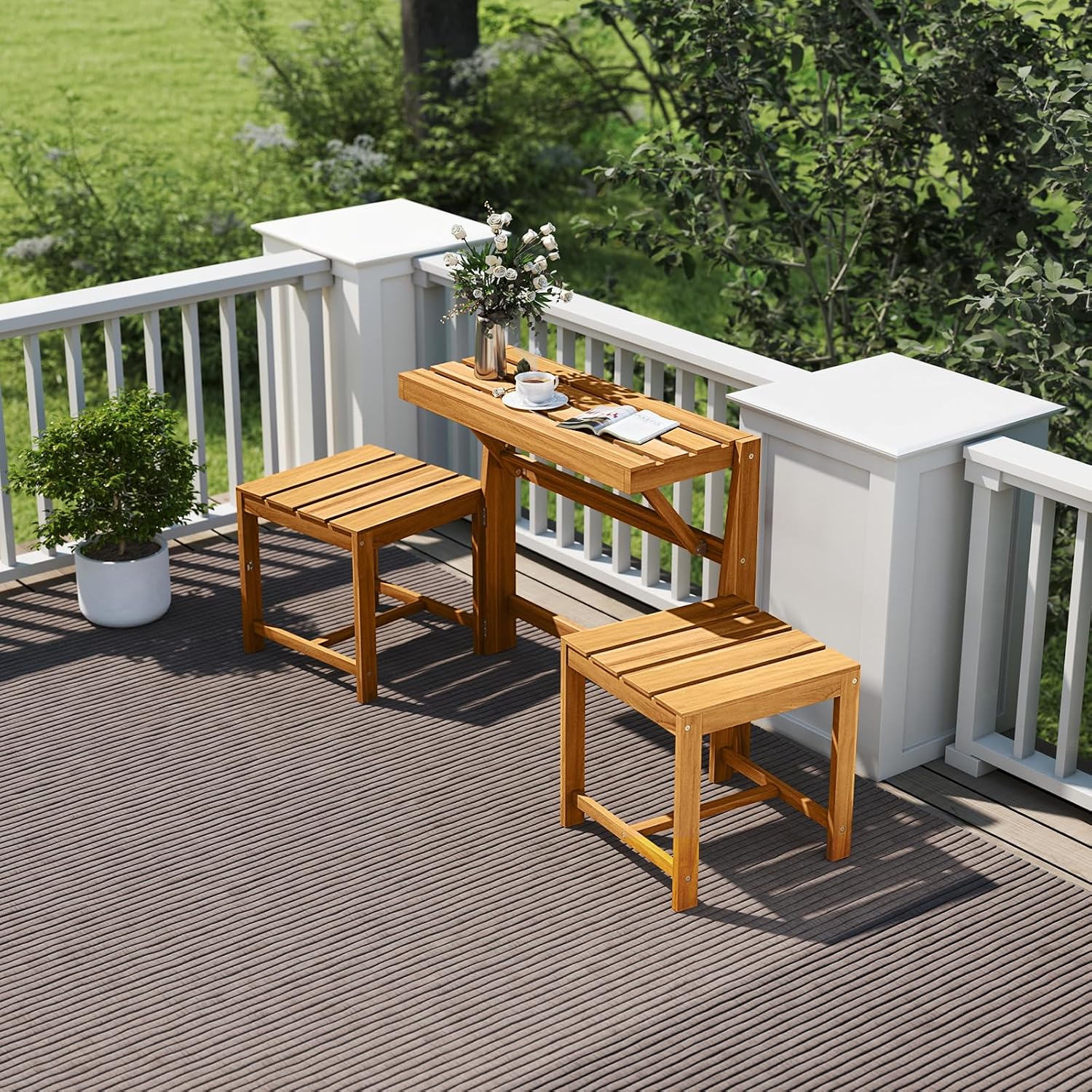 Tangkula 3-in-1 Convertible Bench Bar Table, Space-Saving Patio Convert A Bench with Balcony Plant Rack Design, Outdoor Folding Table and Chairs Set for Garden Porch & Backyard