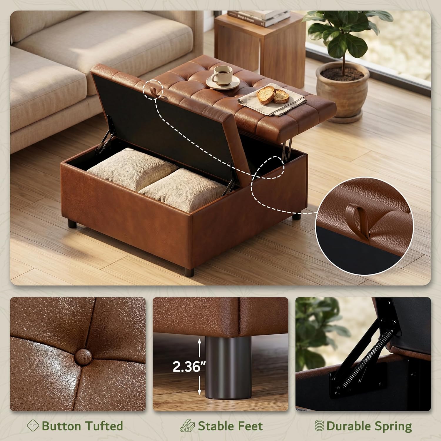 LINLUX Extra Large Leather Storage Ottoman, 35.5 Inch Large Square Lift Top Ottoman Coffee Table with Storage, Tufted Leather Ottoman Footrest Toy Box for Living Room, Brown