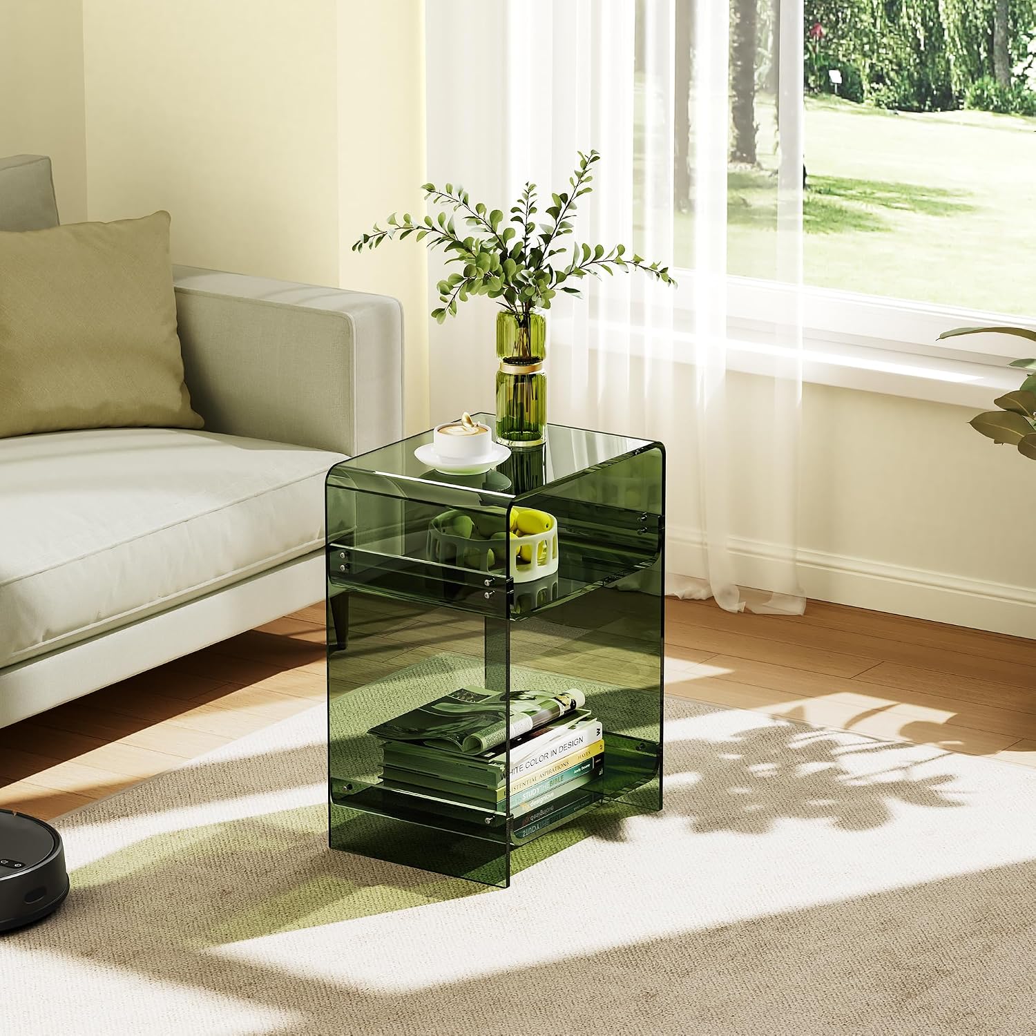 Acrylic Record Player Table with Storage Shelf, Clear Side Table Nightstand (Green, Medium)