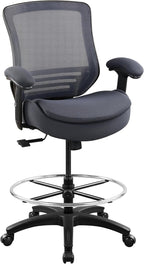400lbs Office Drafting Chair Wide Dual Seat Cushion Height Adjustable Armrest for High Standing Desk with Lumbar Support and Enlarged Adjustable Footrest (Black Frame Gray Fabric)