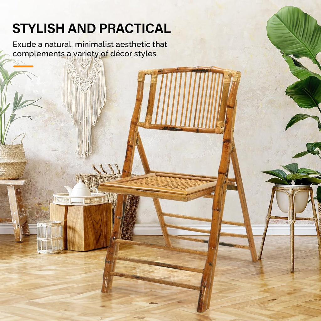 VINGLI Bamboo Folding Chair, Foldable Dining Wood Chairs Comfortable Seat for Outdoor & Indoor, Patio, Porch, Wedding, Party, Event,Brown (4 Pack)