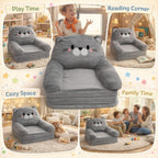 Kids Couch Toddler Chair Plush Cat Design, Foldable Floor Seat Grey 3 Layer - Comfortable Soft Cushion, Portable and, Perfect for Napping and Playing (3 Layers)