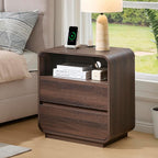 Standifurno Modern Nightstand Set of 2, 23.2" Wide Wood Bedside Table with Charging Station, 2 Storage Drawers Side Table Curved Profile, Handleless, Large End Table Night Stand for Bedroom, Walnut