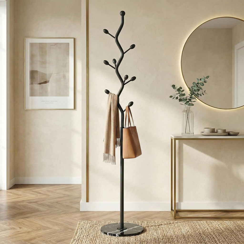 Freestanding Tree Branch Coat Rack with Marble Base, Gold Decorative Standing Coat Rack with 8 Hooks, Sturdy Heavy Duty Metal Coat Hanger Stand for Entryway Bedroom Living Room (All Black)