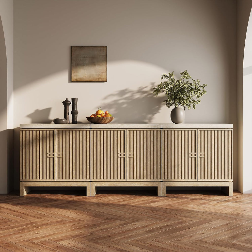 BELLEZE Set of 3 Anton Sideboard Buffet Cabinet - Travertine Greige | 94.5 Inches,Fluted Reeded Door,Travertine-Look Top,Adjustable Shlef,Living Room Dining Room Entryway