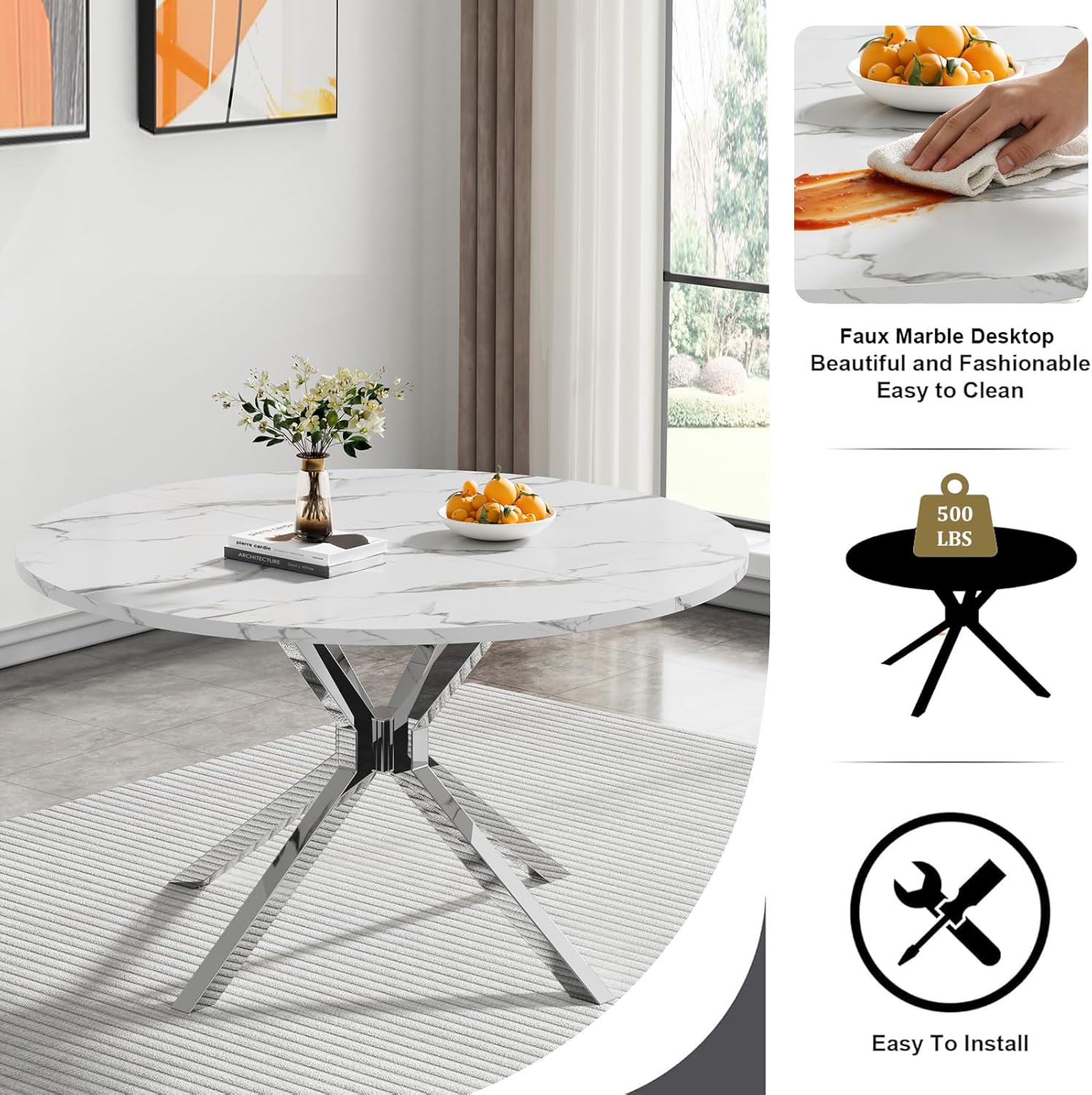 47.2" Round Dining Table Set for 4, White Faux Marble Kitchen Table & 4 Black Velvet Chairs with Silver Stainless Steel Legs, Luxury 5 Piece Round Dining Room Table Set for Kitchen Dining