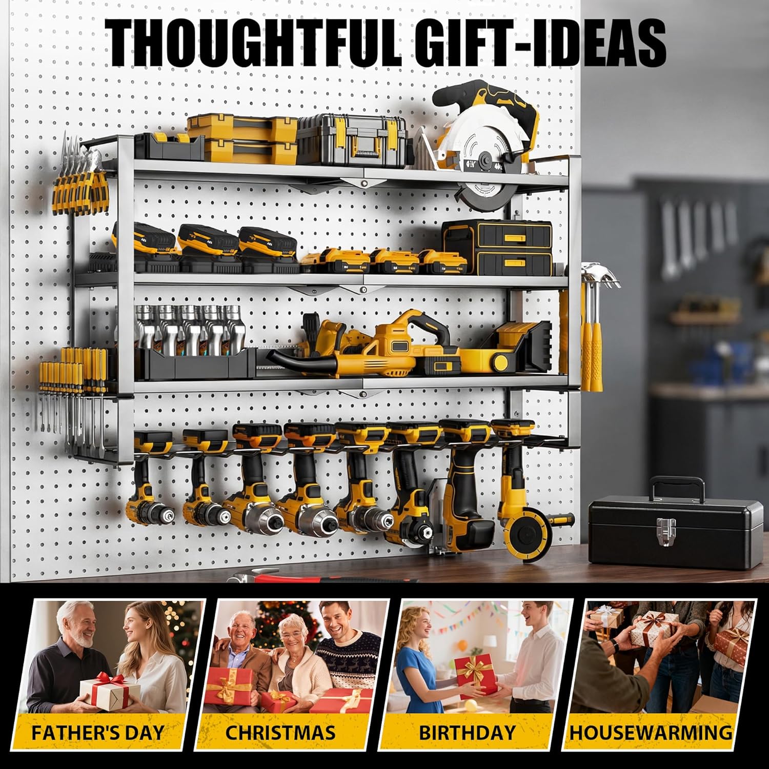 MOOMSINE Large Power Tool Organizer Wall Mount, 4-Tier Heavy Duty Metal Storage Rack Loads 400lbs, Battery Tools Hanger with 8 Cordless Drill Holder for Garage, Workshop, Pegboard, Shed