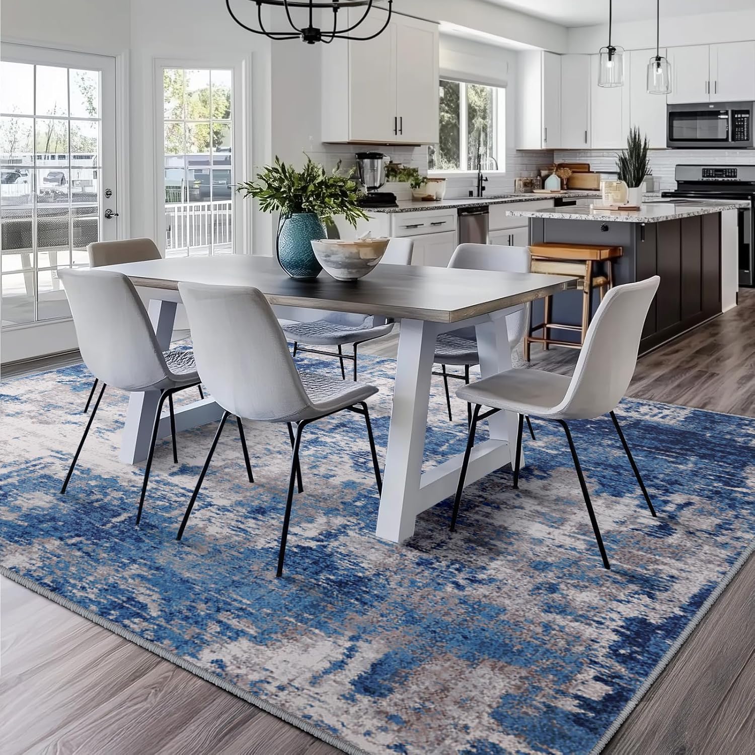 RELEANY Washable Area Rugs 5'x7' Non-Slip Modern Abstract Soft for Living Room Entryway Bedroom Kitchen, Print Pattern, Blue Grey Navy Gray