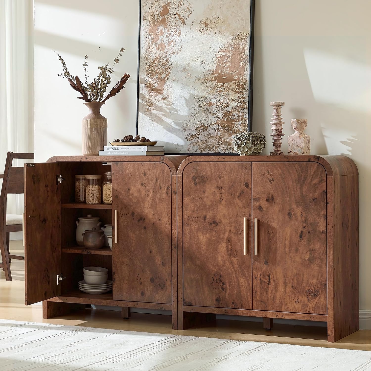 Set of 2 Sideboard Buffet Cabinet, Buffet Cabinet with Storage and 2 Adjustable Shelves, Sideboard credenza Cabinet for Kitchen Entryway, Dark Walnut Burl